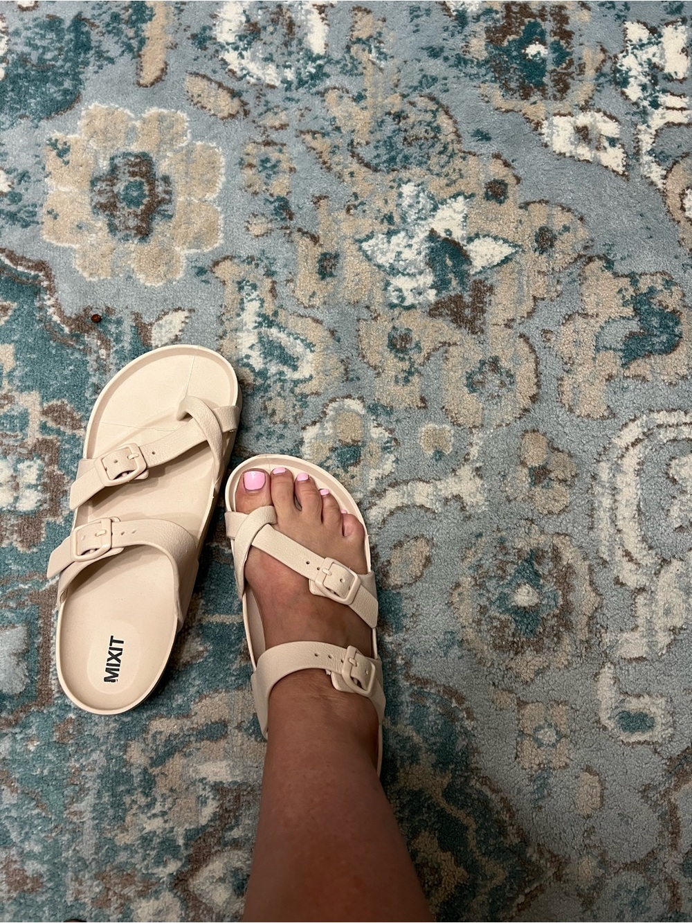 Mixit Cream Double-Buckle Slide Sandals